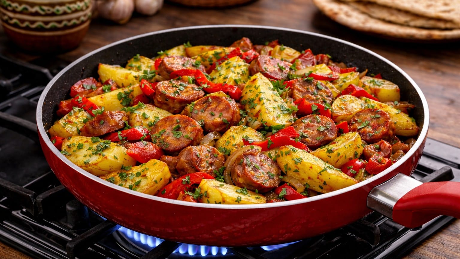 Бързо ястие с картофи, наденица и чушки – ароматно и много вкусно 1 kartofi-s-nadenitsa-i-chushki-v-tigan