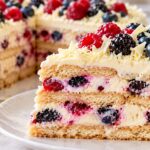 Бисквитена торта с горски плодове и бял шоколад Parche biskvitena torta s krem, malini, borovinki i kapini, ukrasena s gorski plodove i strugotini ot byal shokolad.