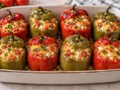 Осем печени червени и зелени чушки с плънка от сирене, яйца и домати, подредени в тава