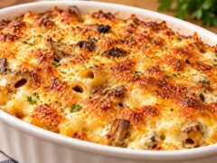 Тава с печени макарони и гъби със златиста запечена коричка, поръсени с магданоз.