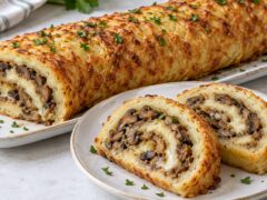 Картофено руло с плънка от гъби и разтопен кашкавал, нарязано на две парчета и поръсено с пресен магданоз.