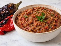 Kupa s kyopoolu ot pecheni patladzhani, cherveni chushki i domati, poraseno s presen magdanoz, s pechen patladzhan i chushka otstrani.