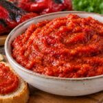 Лютеница без домати – с печени чушки и чесън 2 Купа с лютеница без домати от печени червени чушки и чесън, поднесена с намазана филия, печени чушки и скилидки чесън.