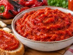 Купа с лютеница без домати от печени червени чушки и чесън, поднесена с намазана филия, печени чушки и скилидки чесън.