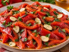 Мариновани печени червени чушки с мед, чесън и пресен магданоз