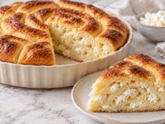 Кръгла месеница със сирене и масло със златиста коричка и отделено парче, което показва меките пластове и плънката от сирене.