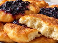 Puhkavi rodopski mekitsi sas zlatista korichka i domashno sladko ot borovinki, edna mekitsa e razchupena i se vizhda mekata vazdushna sreda.