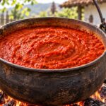 Домашна селска лютеница на огън – вкус от едно време 2 Голям черен казан с гъста домашна селска лютеница, приготвяна на открит огън в селски двор.