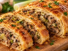 Златист солен щрудел с кайма, праз и гъби с хрупкави кори и сочна плънка