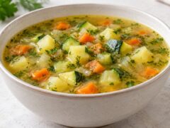 Купа с домашна супа от тиквички, картофи и моркови с видими парченца зеленчуци