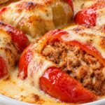 zapecheni-cherveni-i-zhalti-chushki-s-vidima-palnka-ot-kayma-i-oriz-pokriti-s-kremoobrazen-sos-v-byala-tava