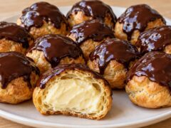 zlatisti-profiteroli-s-shokoladova-zalivka-i-razrezyan-profiterol-s-vanilov-krem-v-chiniya