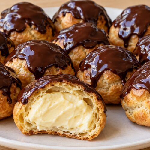 zlatisti-profiteroli-s-shokoladova-zalivka-i-razrezyan-profiterol-s-vanilov-krem-v-chiniya