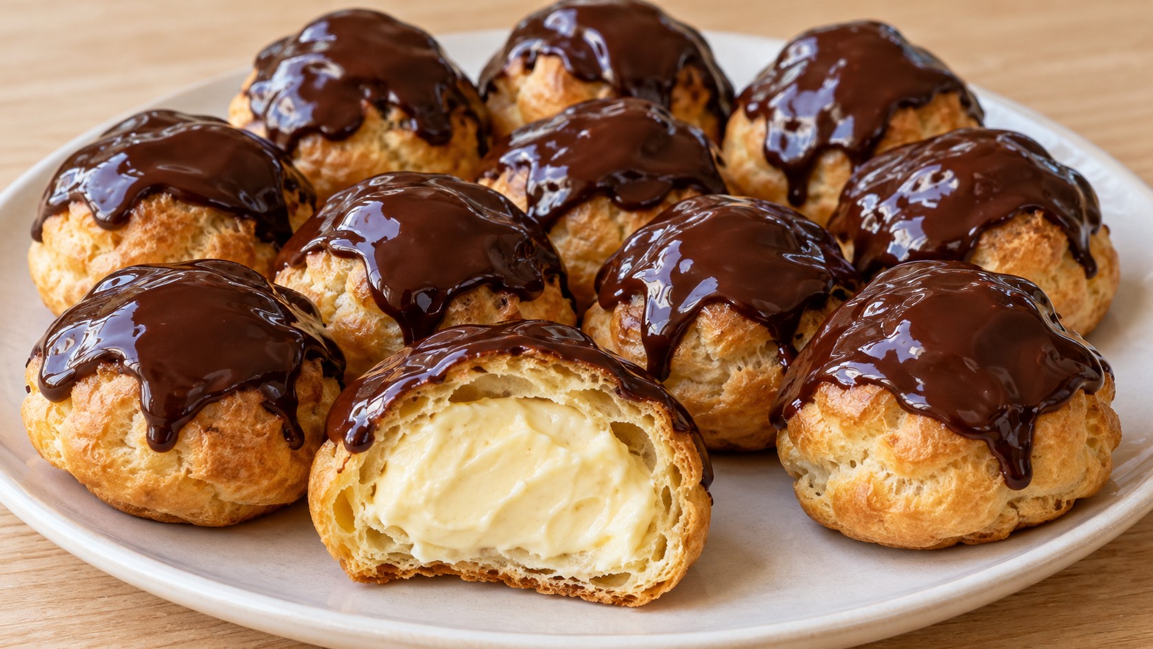 zlatisti-profiteroli-s-shokoladova-zalivka-i-razrezyan-profiterol-s-vanilov-krem-v-chiniya
